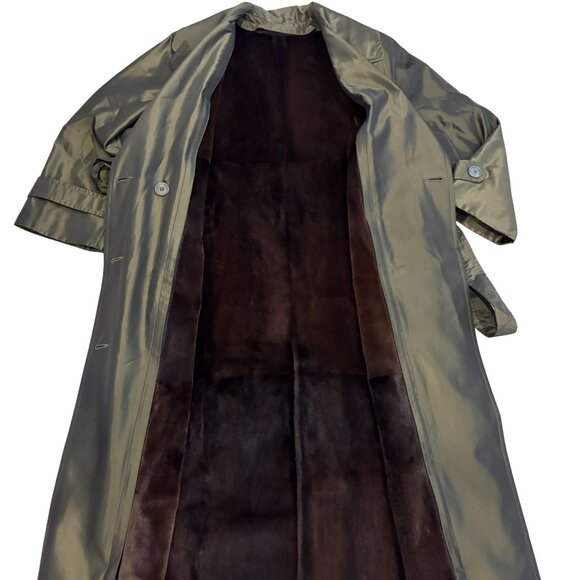 Custom Vintage Raincoat with Sheared Mink Lining Olive Green Full-Length - Picture 3 of 7